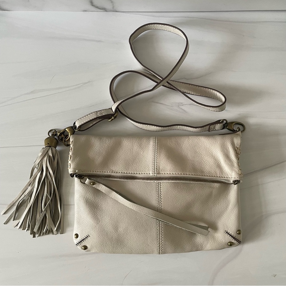 Lucky Brand Real Leather Foldover Option Shoulder Crossbody Bag- Fringe- Ivory - Picture 4 of 10